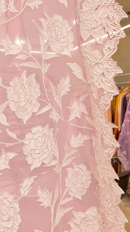 Atharva Heritage Sheer LuxuryPure Silk Organza Hand Applique Pastel Pink and Ivory Applique Saree AH-001(D)