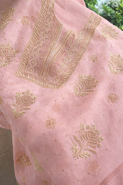 Atharva Heritage Powder Pink Noor Organza Silk Chikankari Unstitched Kurta Dupatta Set SL89000646