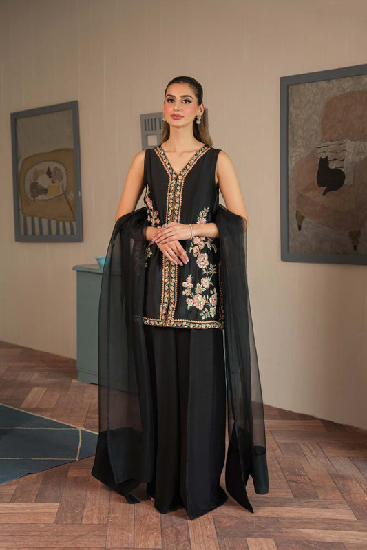 Atharva Heritage Black Pure Raw Silk 100g Hand-Embroidered Jacket Style Farshi Salwar Set FSBRS51