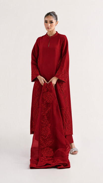 Atharva Heritage Sheer Luxury Pure Silk Ready to Wear Pakistani Suit SLP0012 Deep Red