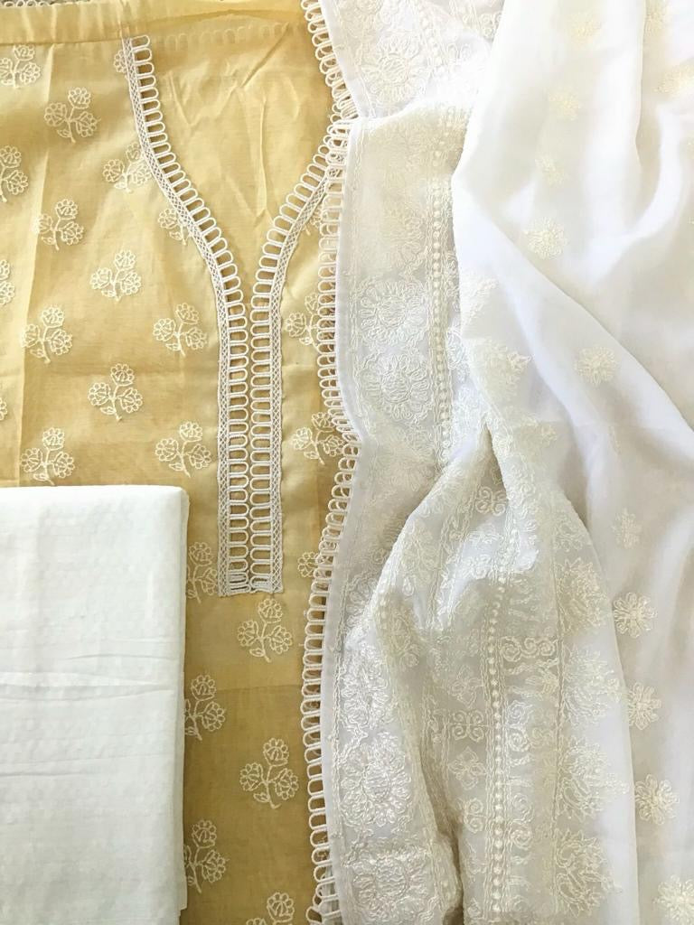 Atharva Embroidered Chanderi Salwar Kameez/Embroidery Pure Mul Dupatta White/Cotton Embroidery Shirt /Cotton Bottom- CM008