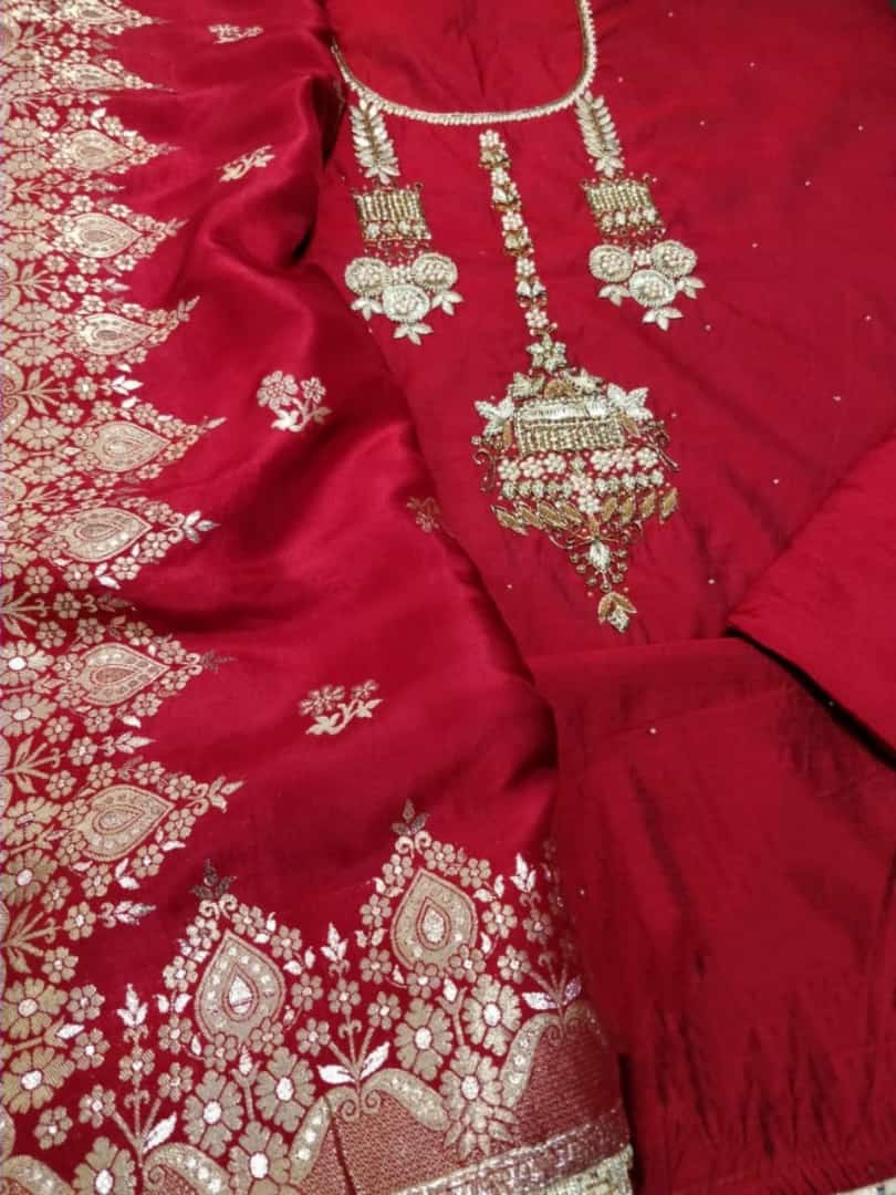 ATHARVA Embroidery Salwar Kameez w/pure Chanderi Silk Embroidery Neck Reds w/Banarsi Silk Dupatta/Custom Stitch/Tunic/Patiala/Churridar/SA2005