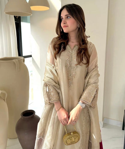 Pure Handwoven 80g Tissue Silk Pakistani Suit – Water Gold Elegance (Custom Stitched & Unstitched)