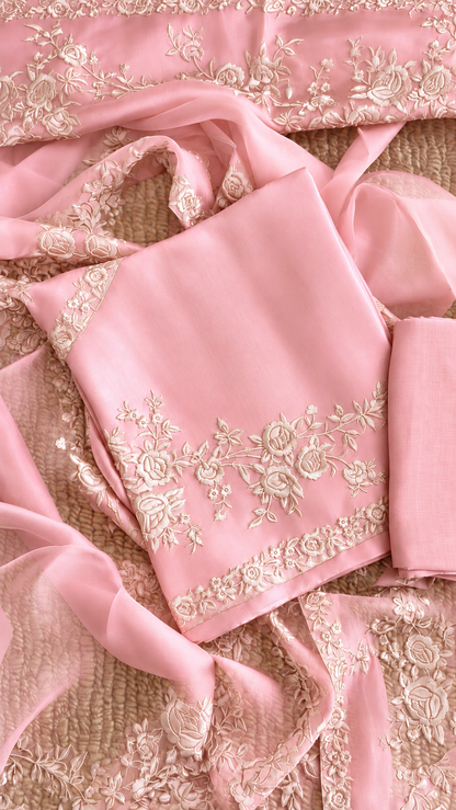Atharva Heritage Pure Silk Organza Parsi Thread Monochrome Embroidery Front And Back  Suit SOP543