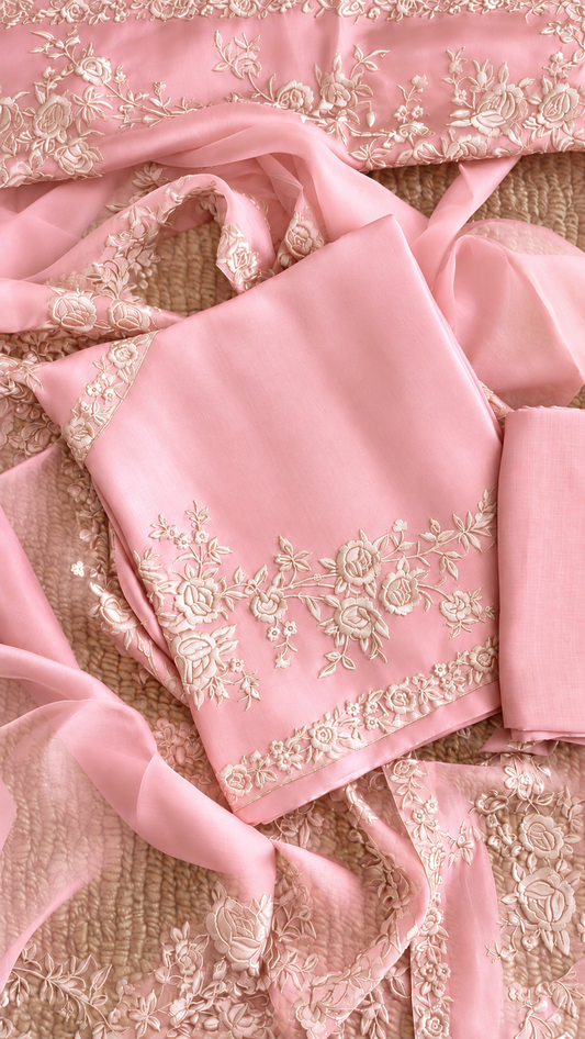 Atharva Heritage Pure Silk Organza Parsi Thread Monochrome Embroidery Front And Back  Suit SOP543