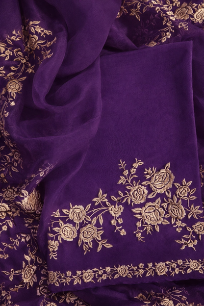Atharva Heritage Pure Silk Organza Parsi Gara Deep Purple Embroidery Suit SOP543