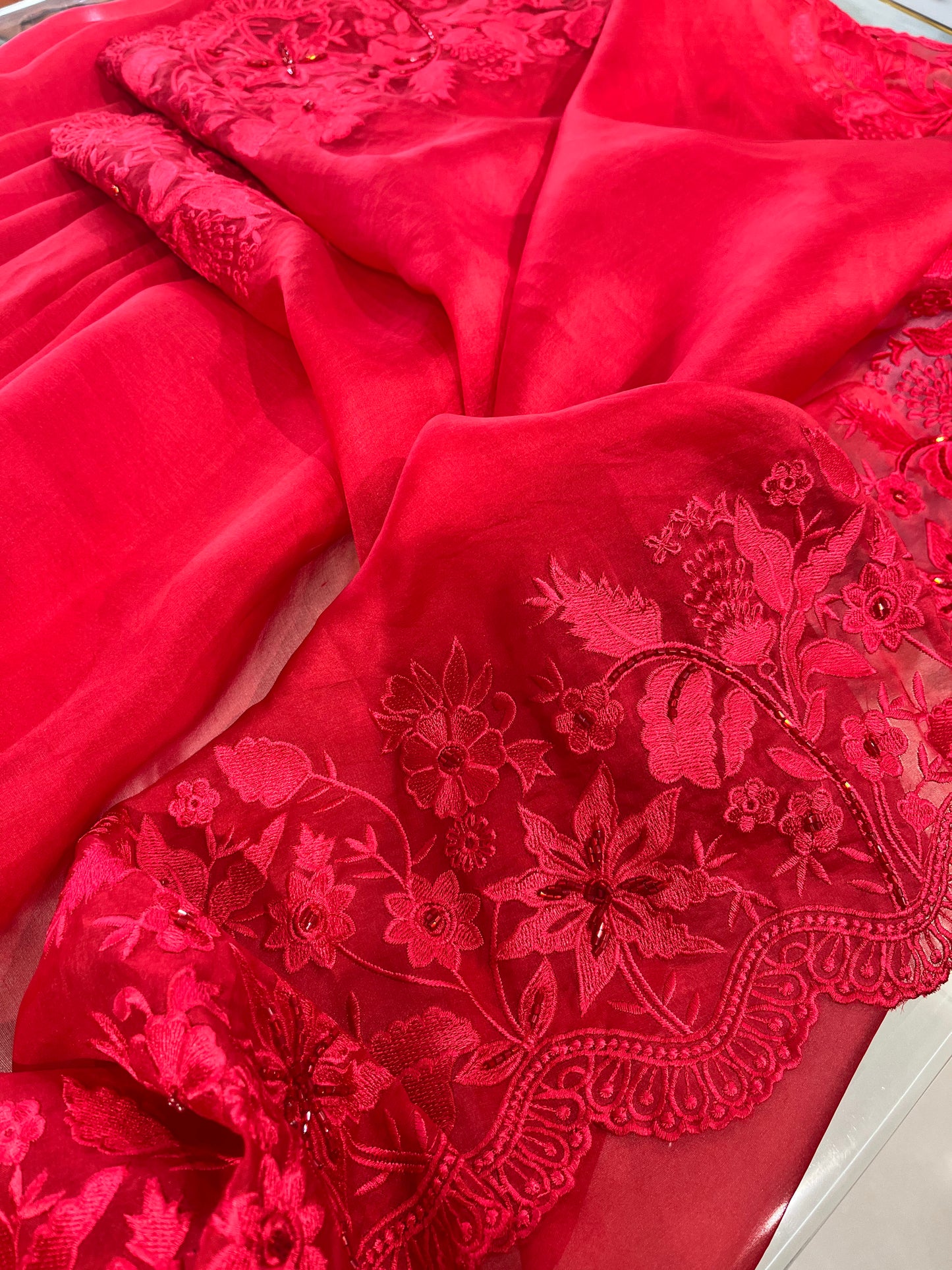 Atharva Heritage Red Kerwachauth Saree in Pure Silk Organza with French Thread Monochrome Embroidery