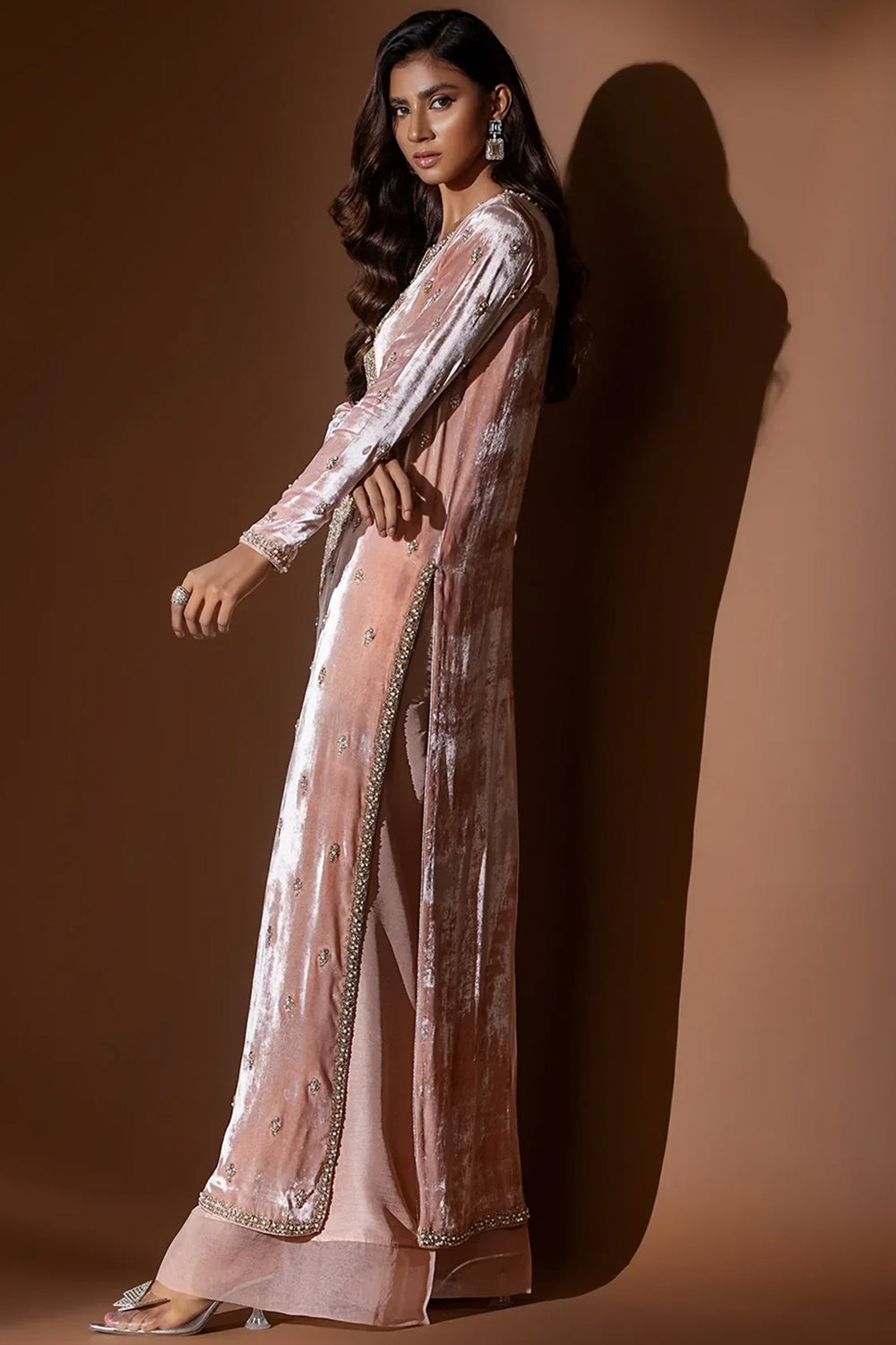 Atharva Heritage “Regal Peach Velvet Ensemble with Gold Dabka & Pearl Handwork” PSVM167