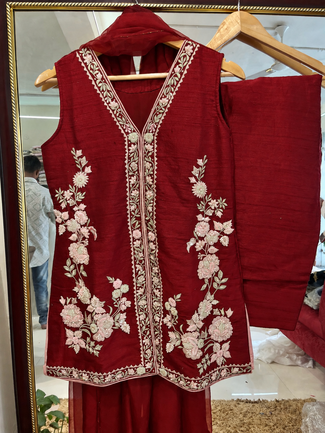 Atharva Heritage Deep Red Pure Raw Silk 100g Hand-Embroidered Jacket Style Farshi Salwar Set FSBRS51