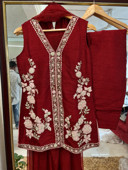 Atharva Heritage Deep Red Pure Raw Silk 100g Hand-Embroidered Jacket Style Farshi Salwar Set FSBRS51