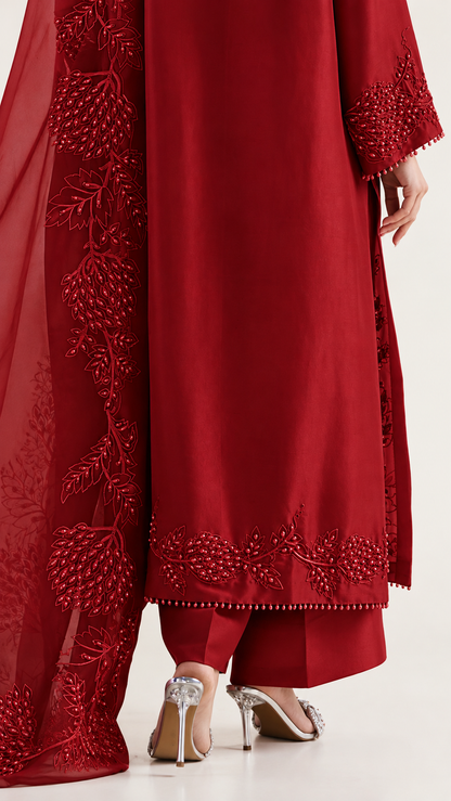 Atharva Heritage Sheer Luxury Pure Silk Ready to Wear Pakistani Suit SLP0012 Deep Red