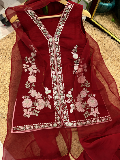 Atharva Heritage Deep Red Pure Raw Silk 100g Hand-Embroidered Jacket Style Farshi Salwar Set FSBRS51