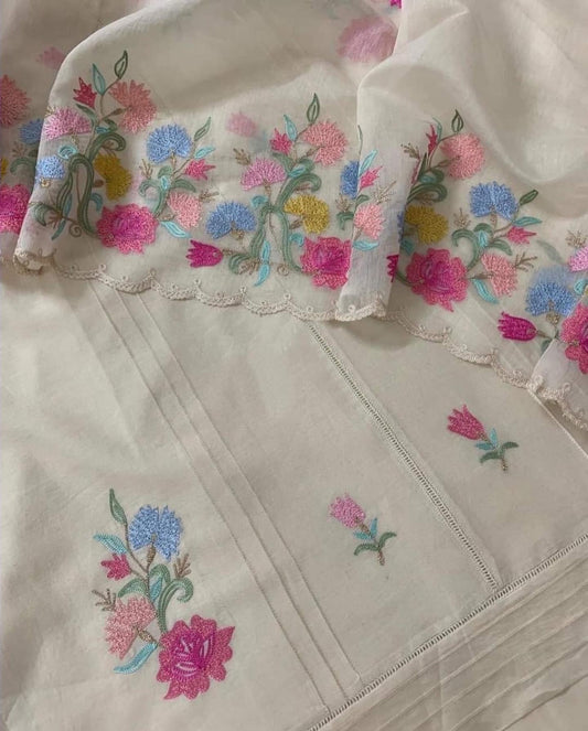 PURE CHANDERI SILK KASHMIRI AARI SUIT CH5439 Ivory