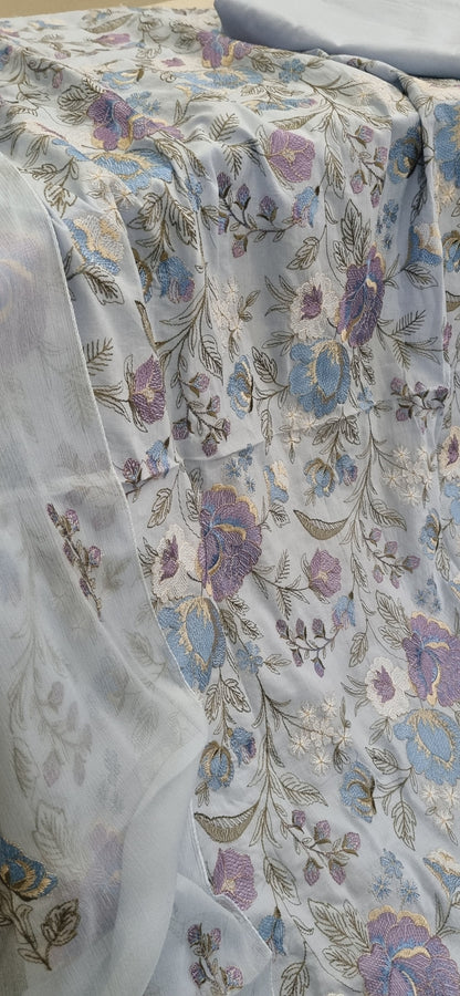 Pure Mul Chanderi Kurta/Pure Chiffon Dupatta / French Thread Embroidered SUIT  CHO00162 Grey