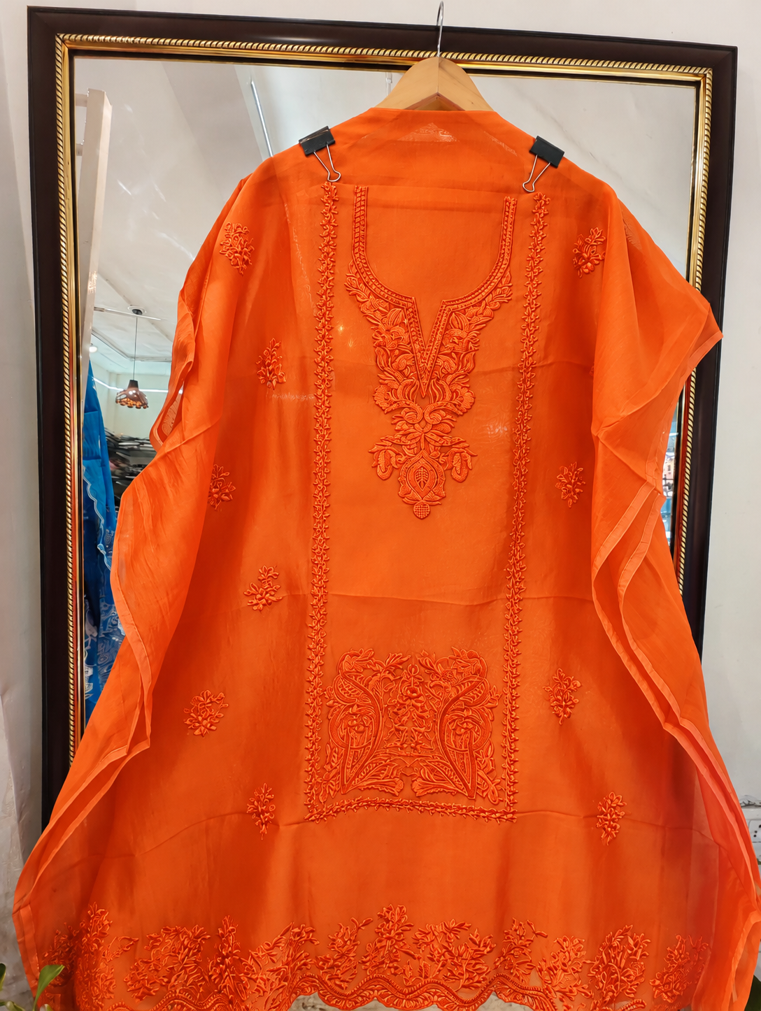 Atharva Heritage Pure Silk Organza Burnt Orange French Thread Monochrome Embroidered unstitched Front and Back  Pakistani Suit SLP001