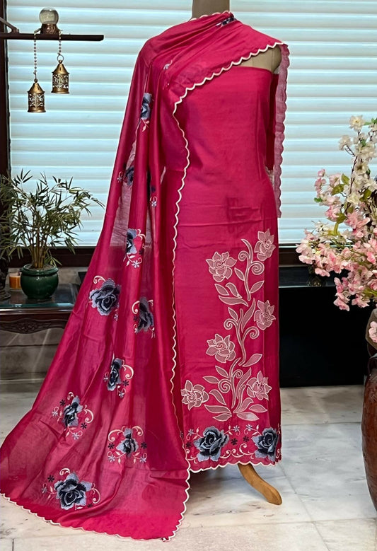 ATHARVA Hand Embroidery Salwar Kameez/Chanderi Cut-Work Shirt & Dupatta/Santoon Bottom/RED/Custom Stitch Unstitch/Plazo/Pant/CUT8099