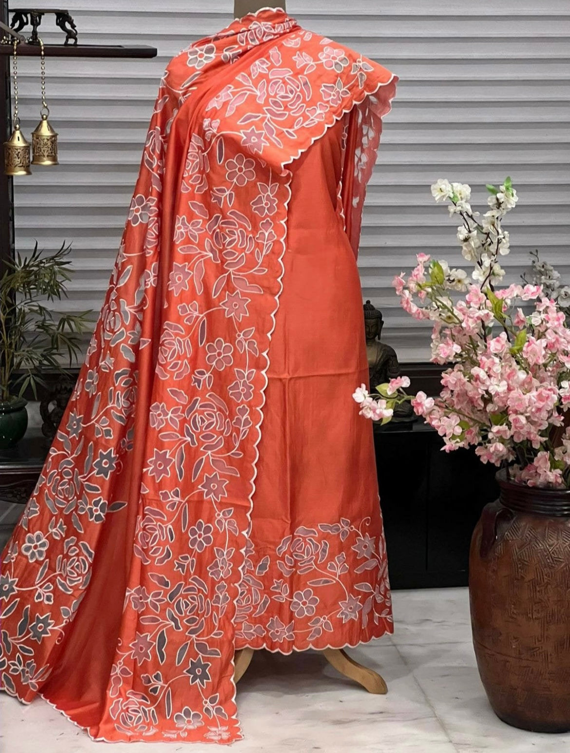 ATHARVA Hand Embroidery Salwar Kameez/Chanderi Cut-Work Shirt & Dupatta/Santoon Bottom/RED/Custom Stitch Unstitch/Plazo/Pant/CUT8020