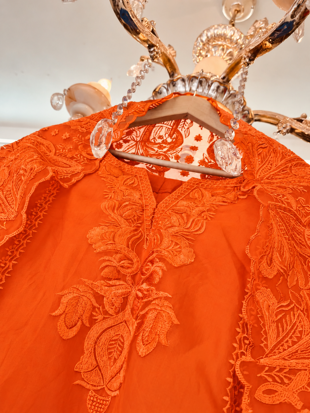 Atharva Heritage Pure Silk Organza Burnt Orange French Thread Monochrome Embroidered unstitched Front and Back  Pakistani Suit SLP001