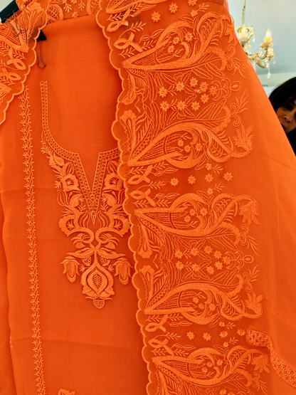 Atharva Heritage Pure Silk Organza Burnt Orange French Thread Monochrome Embroidered unstitched Front and Back  Pakistani Suit SLP001