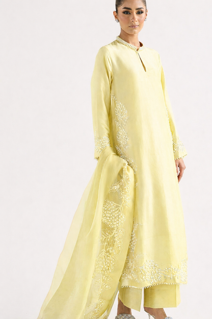 Atharva Heritage Sheer Luxury Pure Silk Ready to Wear Pakistani Suit SLP0012 Lemon Yellow