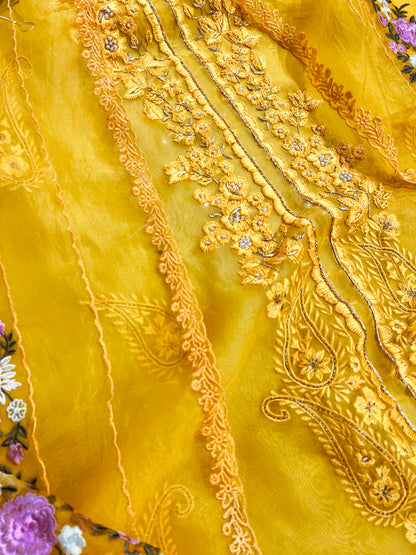 SHEER LUXURY PURE SILK ORGANZA  Suit Hand Zardozi Embroidery /PARSI Dupatta  SHEER0067 Yellow