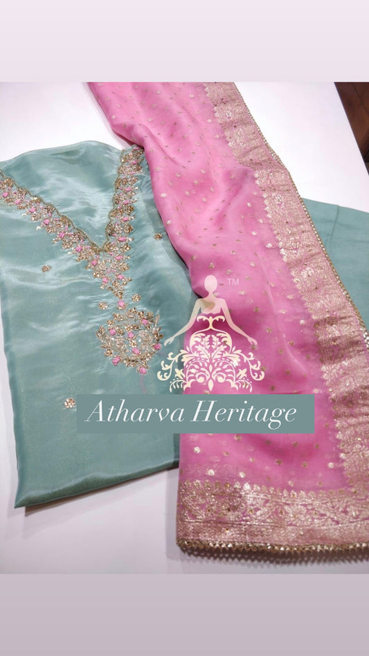 ATHARVA Hand Embroidery Salwar Kameez/Tissue Silk Ladies Suit/Organza Banarsi Silk Dupatta/Stones/Custom Stitch Unstitch/Gift/TO1675C