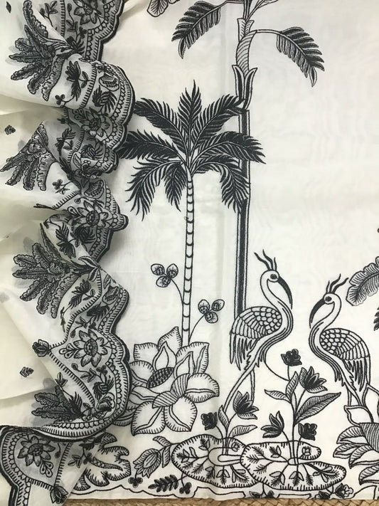 PURE MUL CHANDERI  kurta AND Dupatta PARSI GARA UNSTITCHED SUIT CH54237WB White And Black