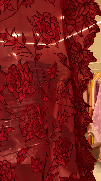 Atharva Heritage Sheer LuxuryPure Silk Organza Hand Applique Deep Red Saree AH-001(D)