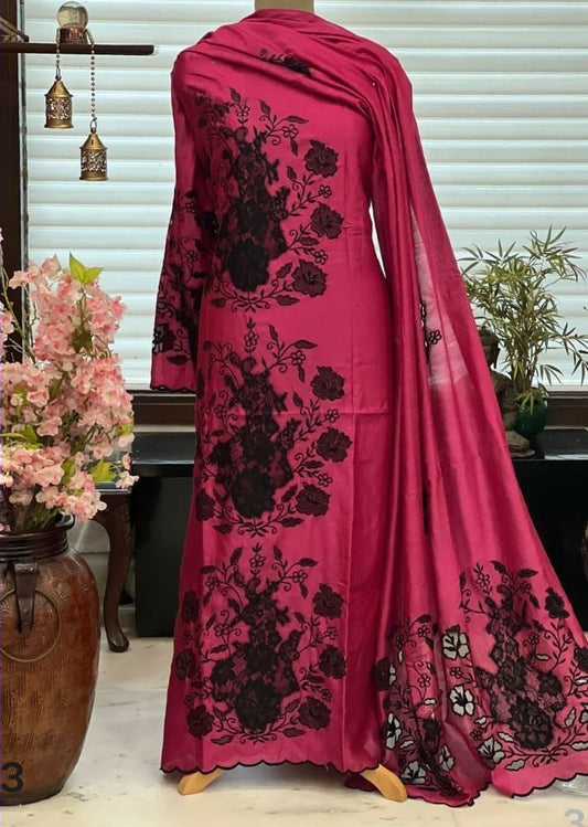 ATHARVA Hand Applique /Cutwork  Embroidery Salwar Kameez/pure Chanderi Silk Shirt & Dupatta/Santoon Bottom/Custom Stitch Unstitch/Plazo/Pant/ CUT8072 Hot pink