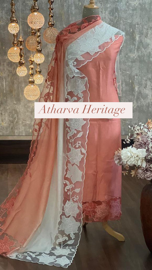 ATHARVA Applique Embroidery Salwar Kameez/Chanderi Cut-Work Shirt & Dupatta/Santoon Bottom/Custom Stitch Unstitch/Plazo/Pant/CUT8113