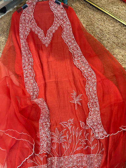 PURE MUL CHANDERI  AND Pure Silk ORGANZA EDITS CHO00156BR  Brick Red
