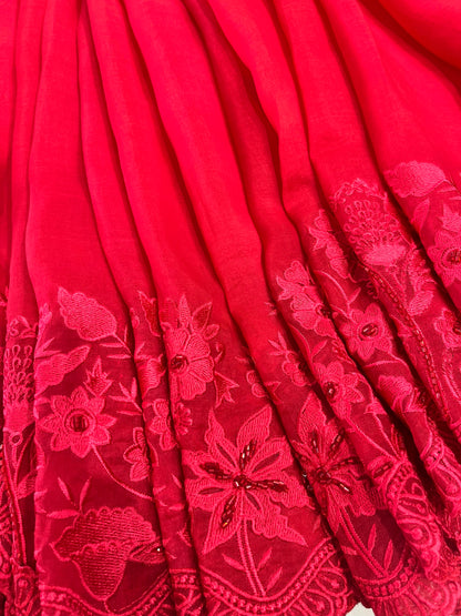 Atharva Heritage Red Kerwachauth Saree in Pure Silk Organza with French Thread Monochrome Embroidery