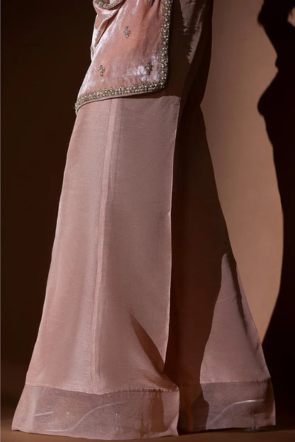 Atharva Heritage “Regal Peach Velvet Ensemble with Gold Dabka & Pearl Handwork” PSVM167