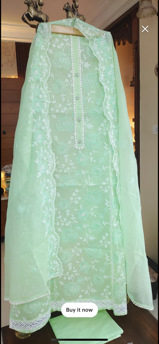 Atharva Embroidered Cotton kota  Salwar Kameez/Embroidery Kota Dupatta/Cotton Embroidery Shirt /Cotton Chikankari Bottom- KK0015G Green