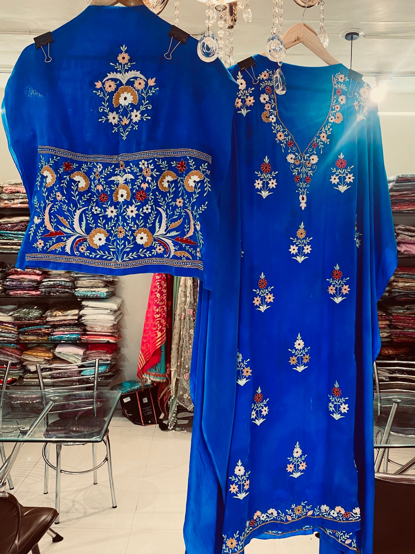 Sheer Luxury Pure Silk 80 Grams Kashmiri Embroidered Pakistani unstitched Kurta With Bottom  SLP0011 Royal Blue