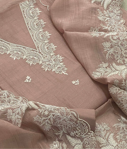 PURE MUL CHANDERI  kurta AND Dupatta Thread Embroidered UNSTITCHED SUIT CH54240C Coffee Color
