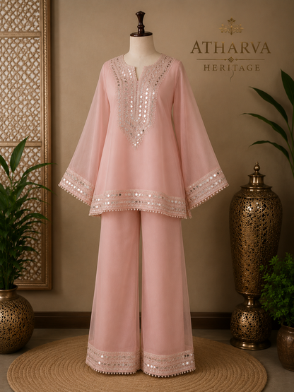 Atharva Heritage Luxury Pure Silk Organza Mirror Work Co-Ord Set | Hand Embroidered Yoke & Bell Sleeves | Premium Palazzo | Atharva Heritage AH1813CS132