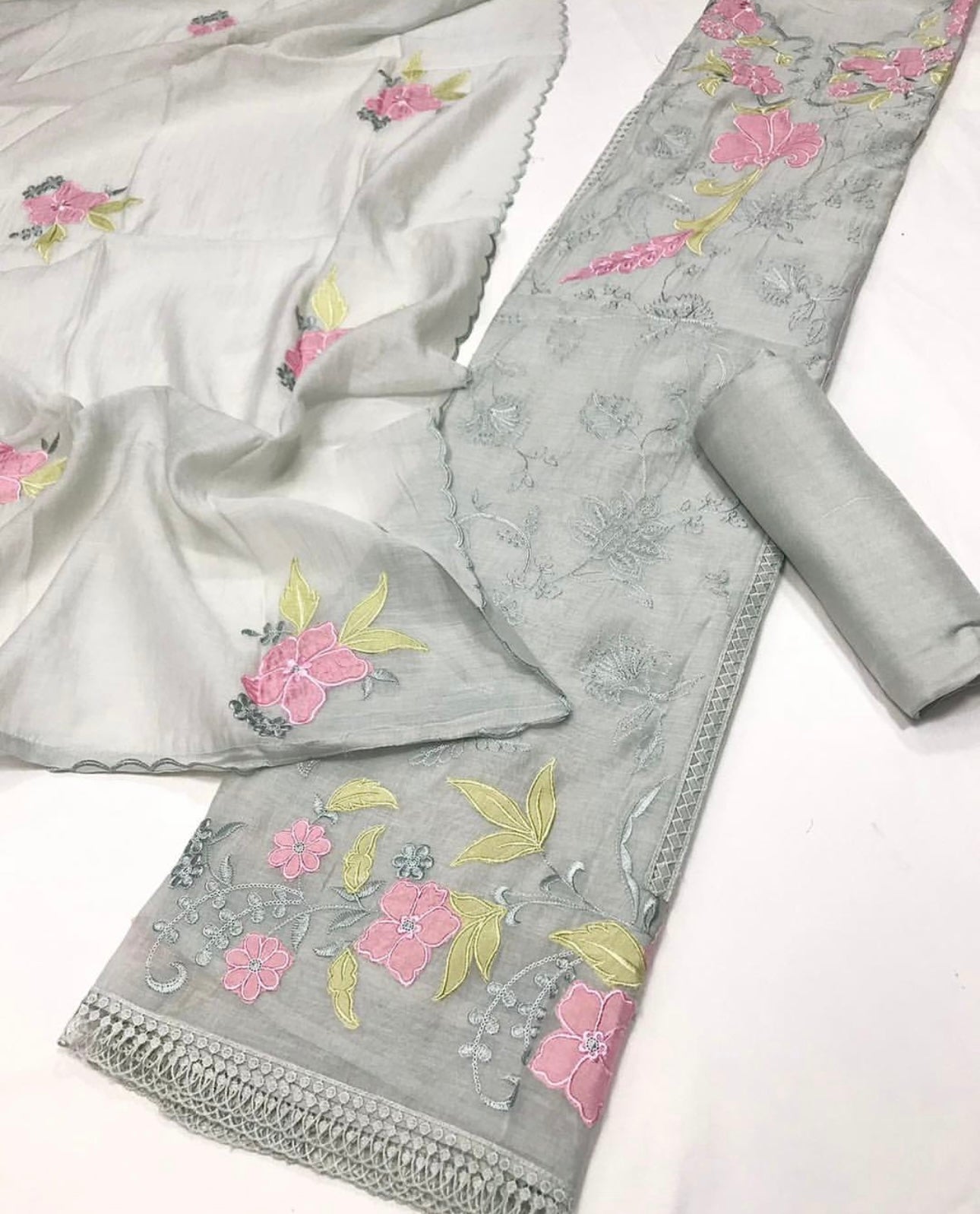 Atharva Heritage/Pure Mul Chanderi Shirt & Dupatta/ Hand Applique with Thread Embroidery/Cotton Silk  Bottom/CUT80377