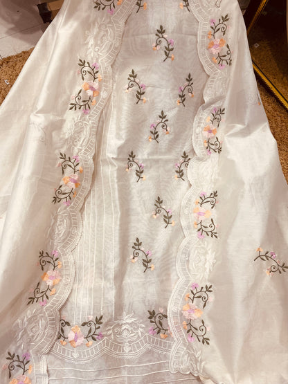 PURE CHANDERI SILK KASHMIRI AARI SUIT CH5438 IVORY