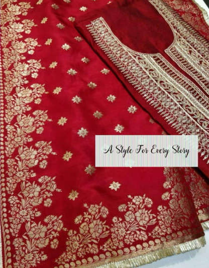 ATHARVA  Hand Embroidered Salwar Kameez w/ Embroidered Neck Reds/Banarsi Silk Dupatta/Bridal/Wedding/Custom Stitch/ CH1278