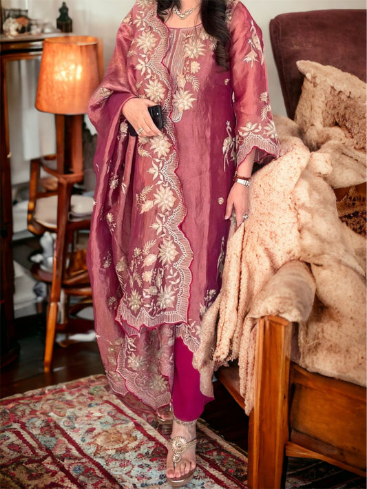 MAHARANI LUXURY HANDWOVEN TISSUE SILK 80 GRAM SUIT WITH PITA TILLA EMBROIDERY MTC006