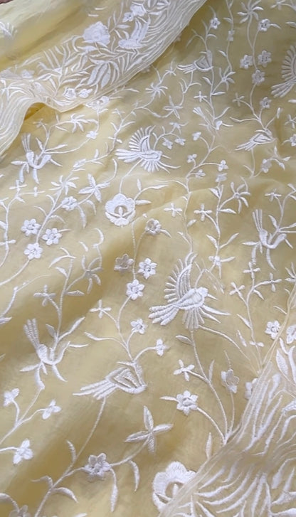 PURE MUL CHANDERI SILK  PARSI GARA SUIT MCH0015 Lemon Yellow