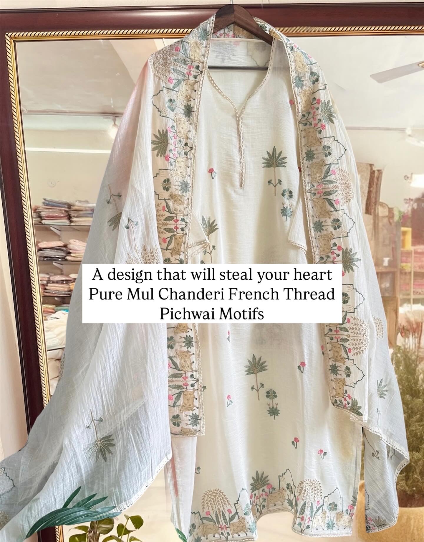 Atharva Frech Thread Pichwai motifs  Embroidered Pure Mul Chanderi Hand woven  edits MC70015  Ivory