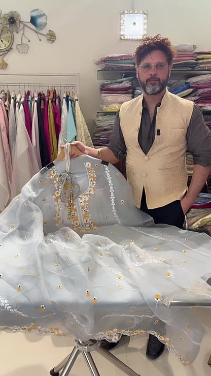 ATHARVA HERITAGE SHEER LUXURY PURE SILK ORGANZA KASHMIRI AARI FRONT N BACK EMBROIDERY SUIT SHEER0021G