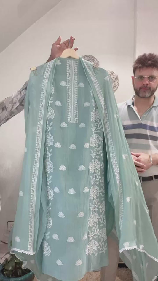 Atharva Heritage Pure Mul Chanderi Kurta/Pure Chiffon Dupatta / French Thread Embroidered SUIT  CHO00161 Pista
