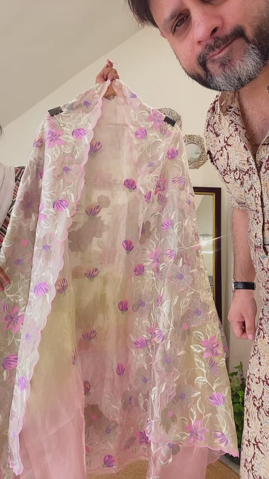 Atharva Heritage Pure Handwoven 80 Grams Tissue Silk Ombre Suit with Parsi Zari Embroidery & Applique Work BTS001