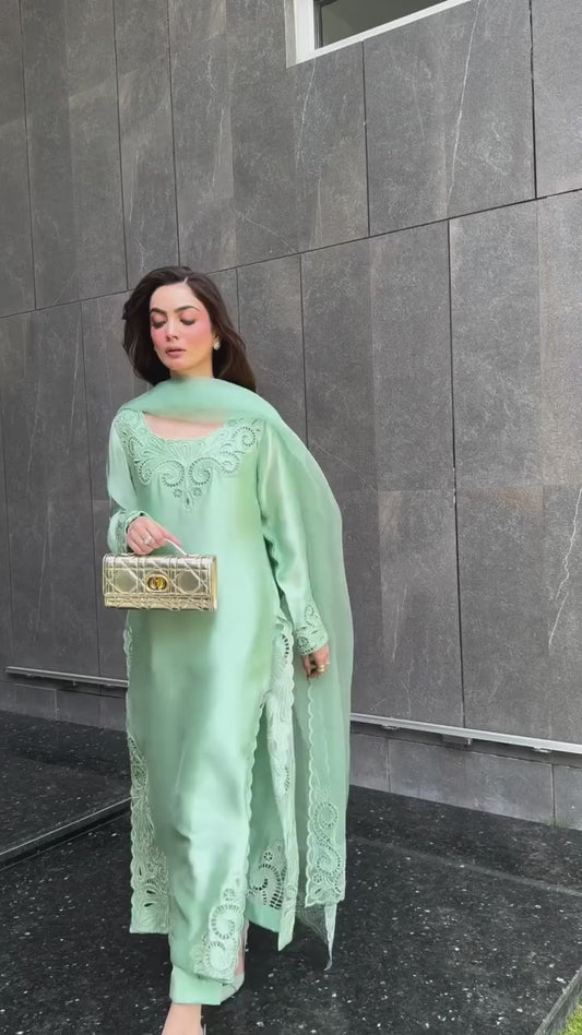 Atharva Heritage Pure Satin Silk Hand Appliqué pakisani Long Kurta Set – Eid Collection 181331843