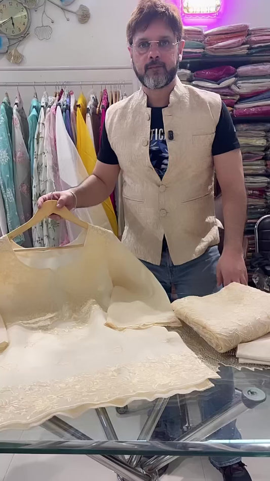 Atharva Heritage Pure Silk Organza Parsi Short Kurta with Hand Appliqué Dupatta & Pure Crepe Fashi Salwar
