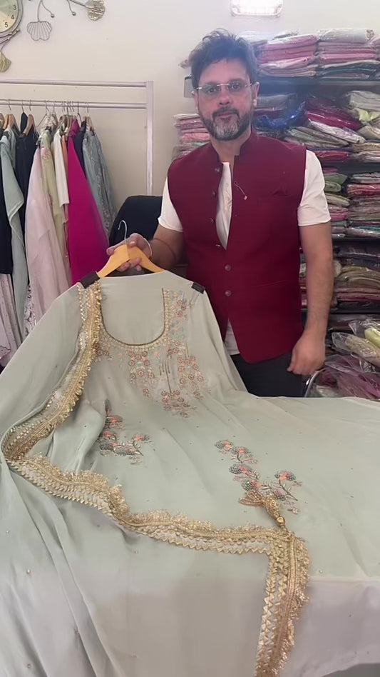 Atharva Heritage AH1814CS1 - Pure Crepe Silk (80gm) Kurta &amp; Dupatta – Hand Zardozi Embroidered