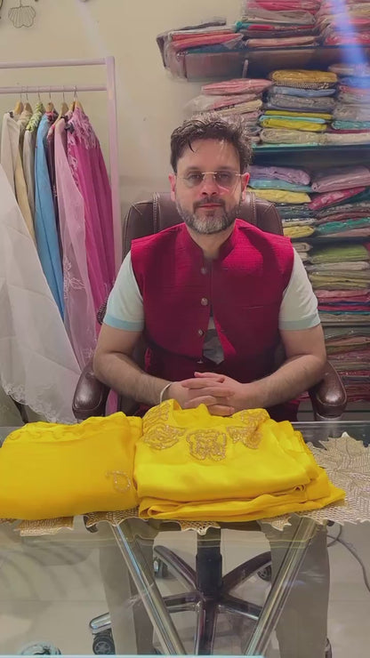 Atharva Luxe – Pure Silk 80 Grams Luxury Kurta Set with Handcrafted Ghera Sleeves & Organza Dupatta PSH0068-R